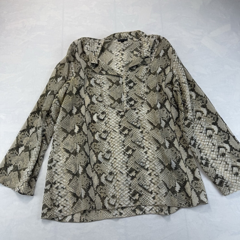Piano Women's Large Snake Print Sheer Blouse Gold Metallic Button Front Top